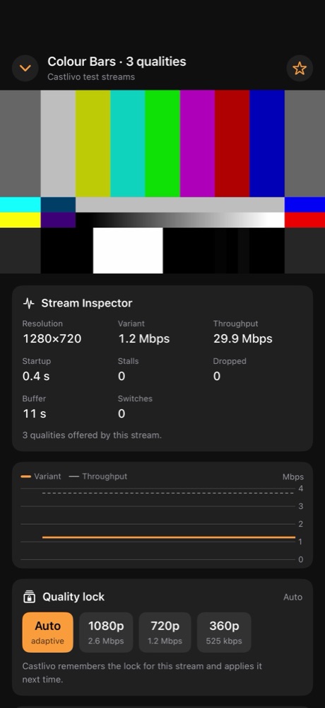 Castlivo playing a colour-bar test stream with the Stream Inspector panel below