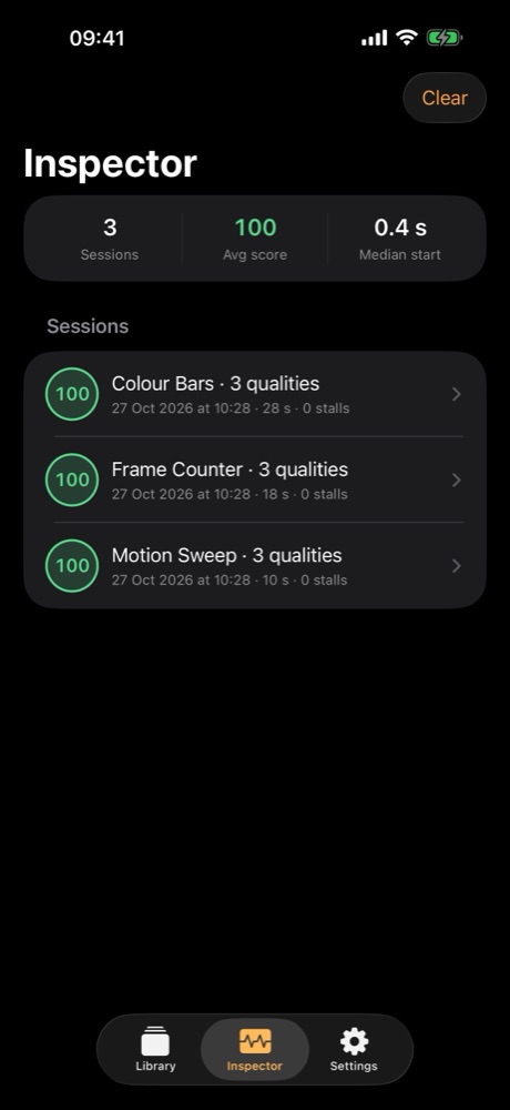 Inspector tab with saved sessions